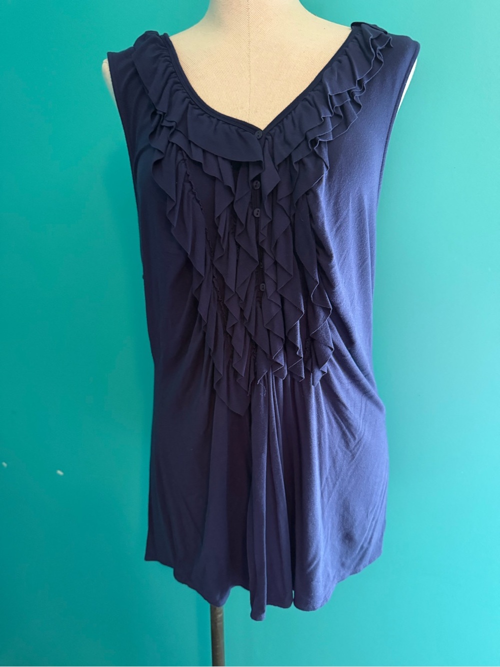 Grace Elements Navy Ruffle Front Sleeveless Top